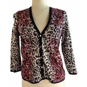 Chico's Sz 1 Cardigan Sweater Pink Black Animal Print 3/4 Sleeve Front Button
